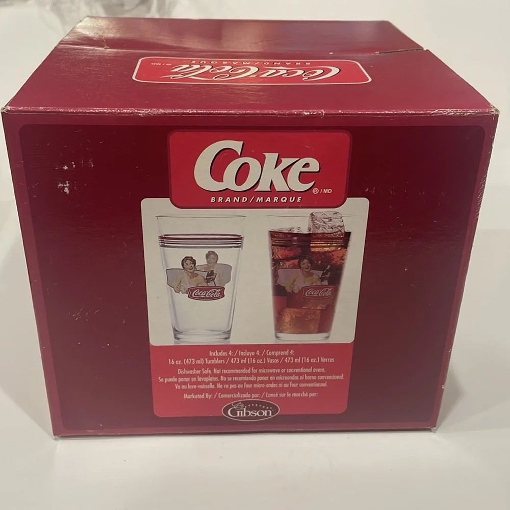 Coca Cola Red and White Tumbler Set Original Box 16oz 4 Glasses
